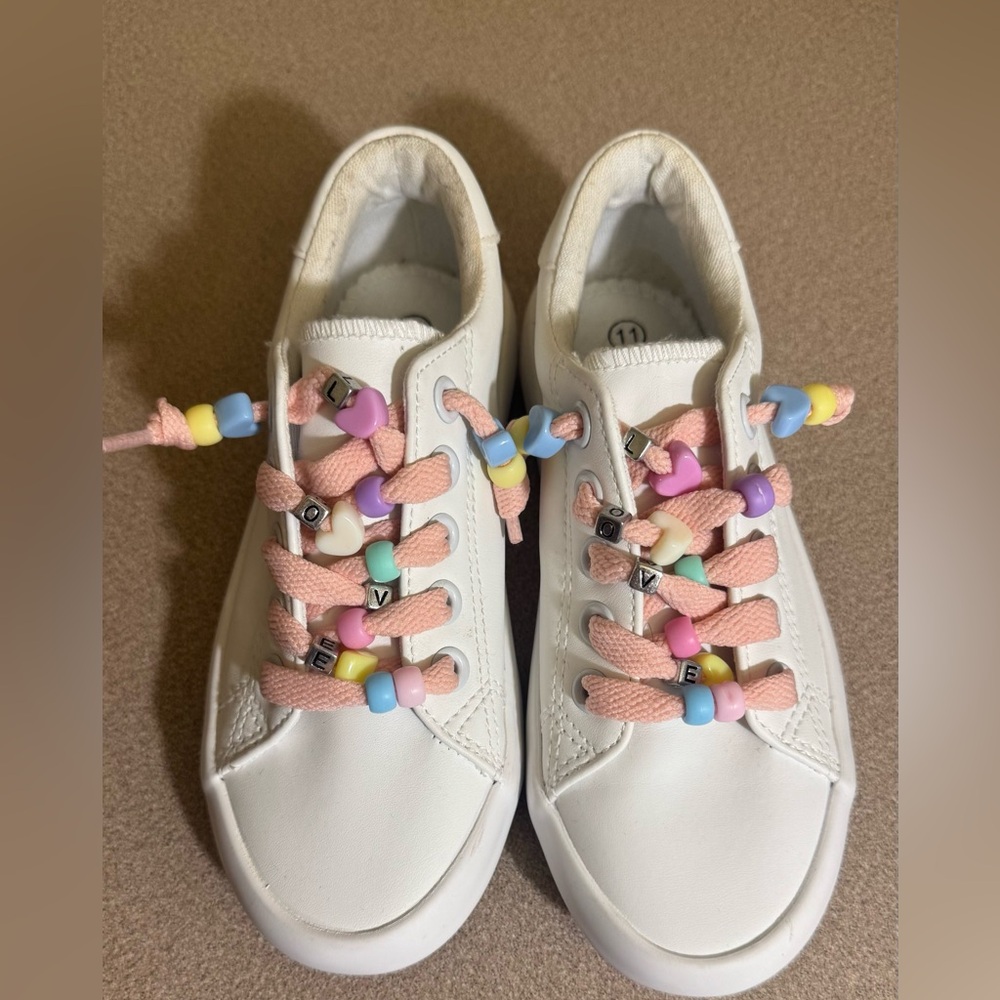 Kids White Sneakers with Pink Laces